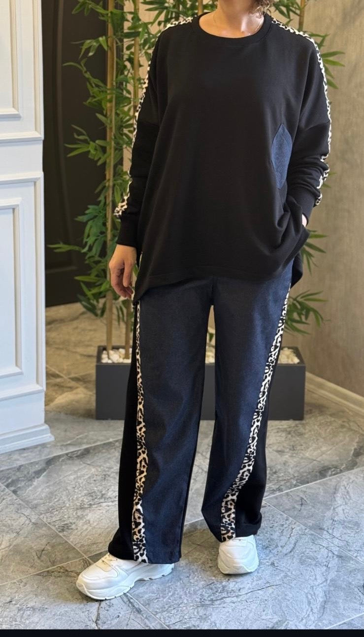 Leopar ve Jean Detaylı Takım Siyah