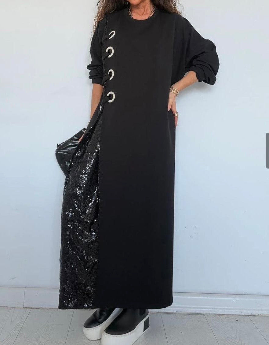 İTHAL PAYET DETAYLI ELBİSE SİYAH