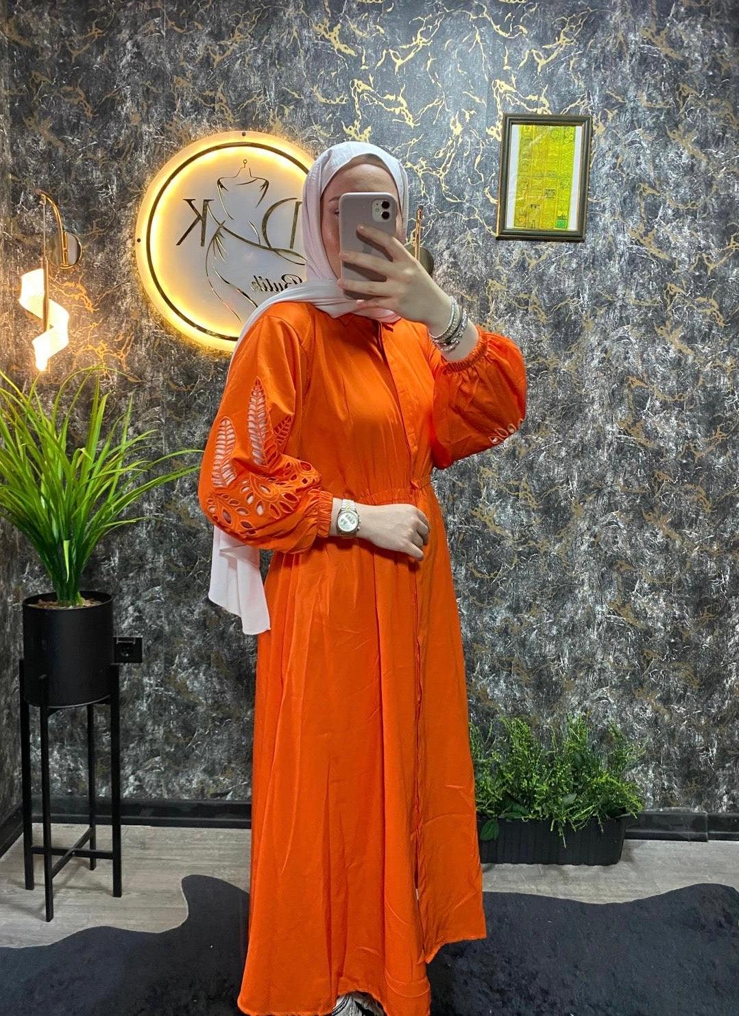 BEYMEN MARKA UZUN KOL NAKIŞLI ELBİSE ORANJ