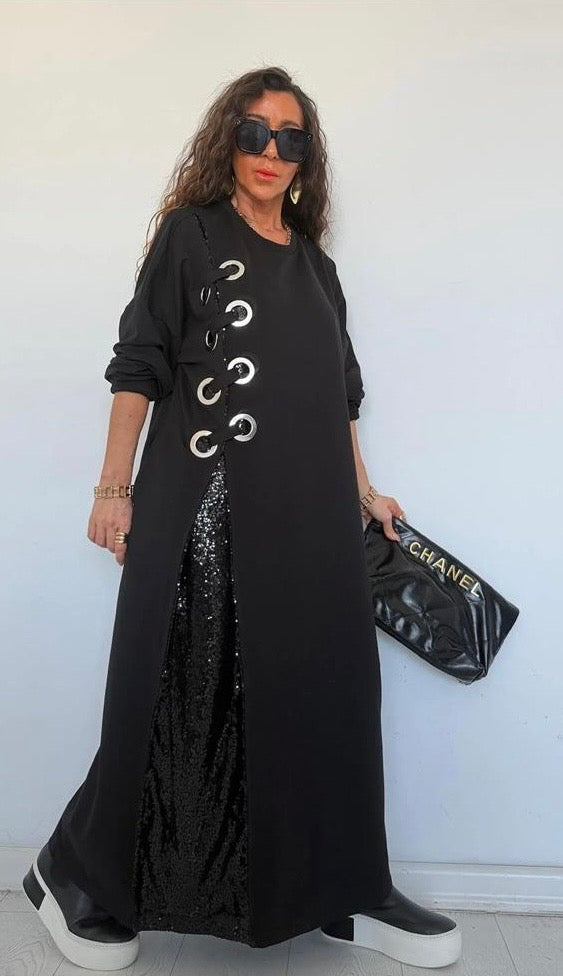 İTHAL PAYET DETAYLI ELBİSE SİYAH