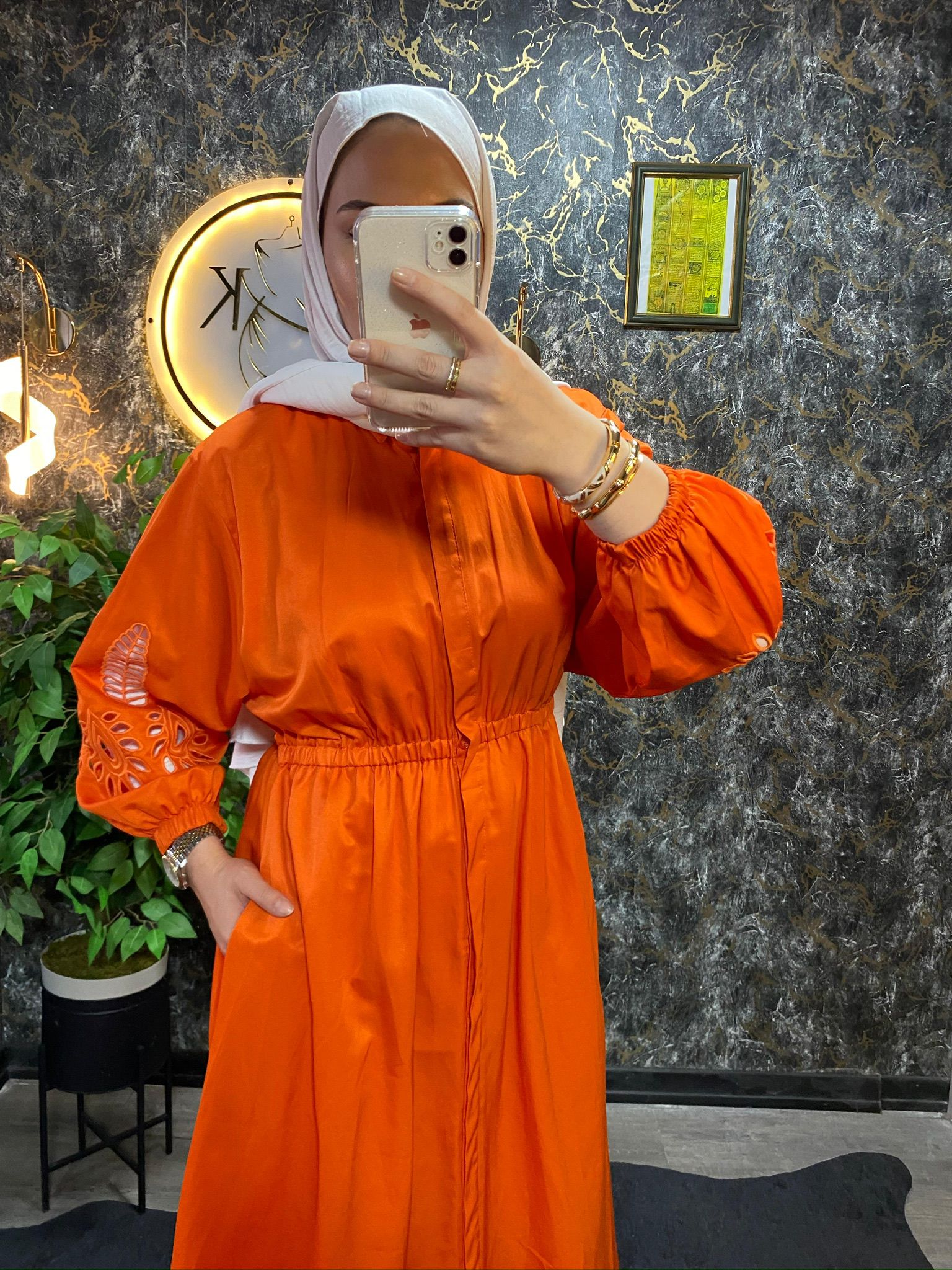 BEYMEN MARKA UZUN KOL NAKIŞLI ELBİSE ORANJ