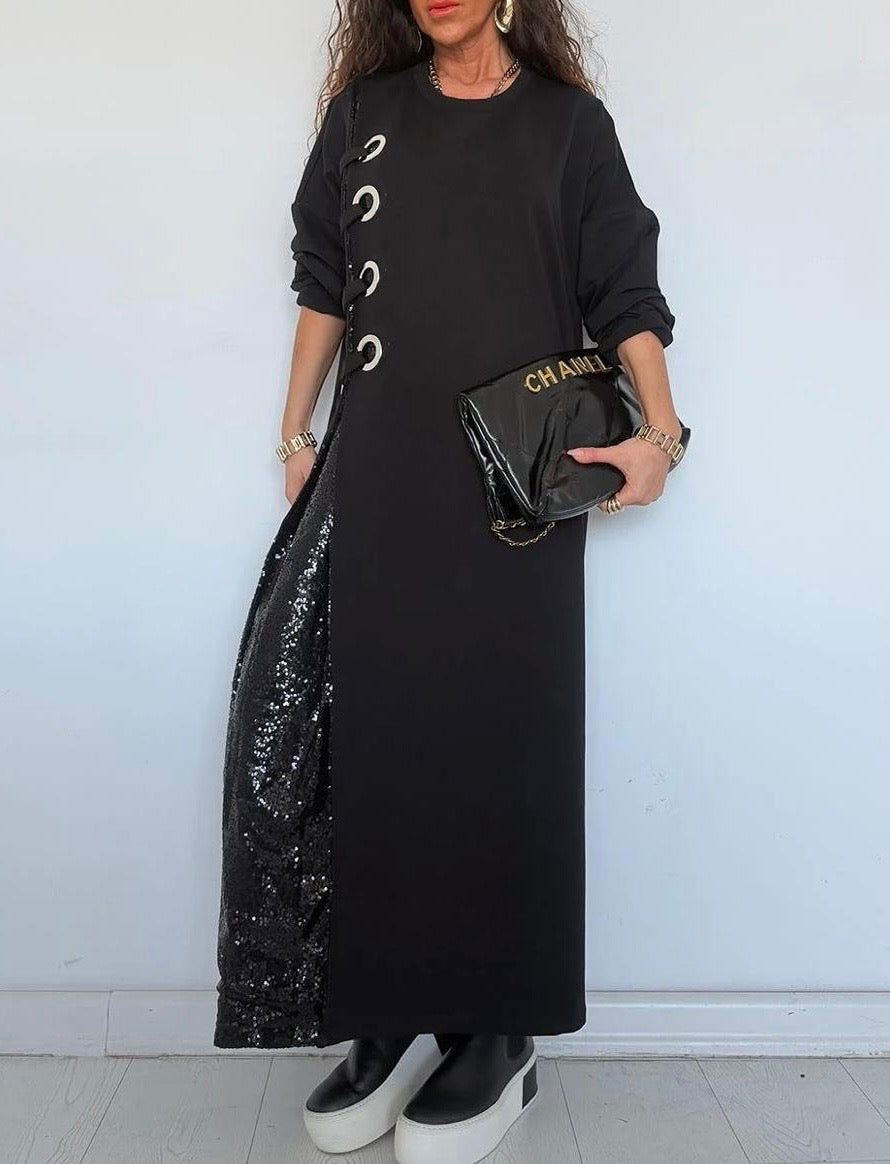 İTHAL PAYET DETAYLI ELBİSE SİYAH