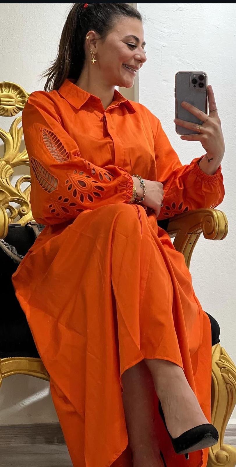 BEYMEN MARKA UZUN KOL NAKIŞLI ELBİSE ORANJ