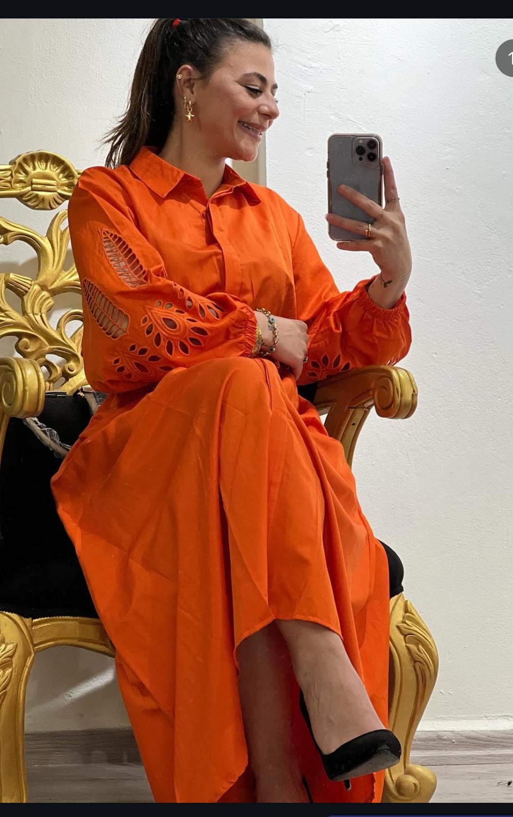 BEYMEN MARKA UZUN KOL NAKIŞLI ELBİSE ORANJ