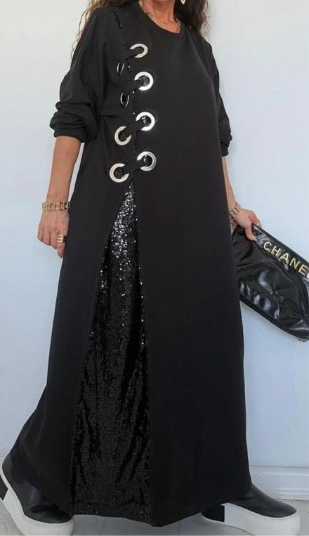 İTHAL PAYET DETAYLI ELBİSE SİYAH