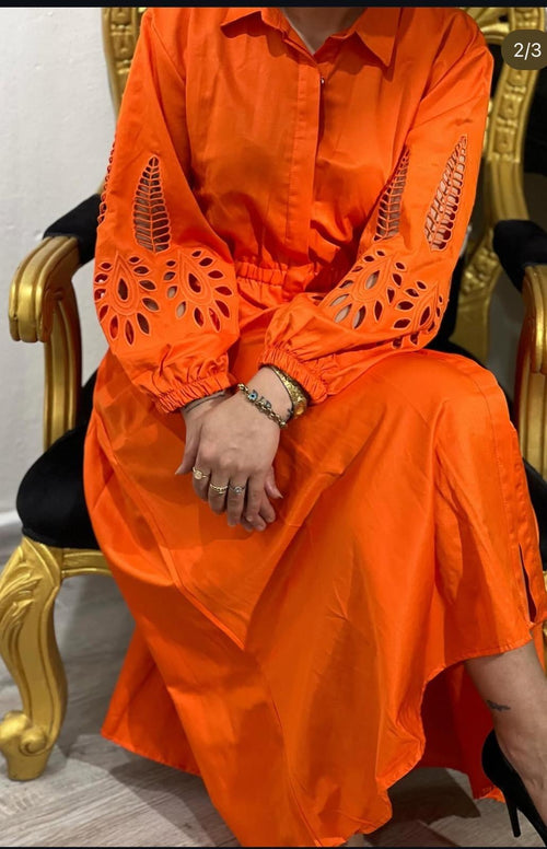 BEYMEN MARKA UZUN KOL NAKIŞLI ELBİSE ORANJ