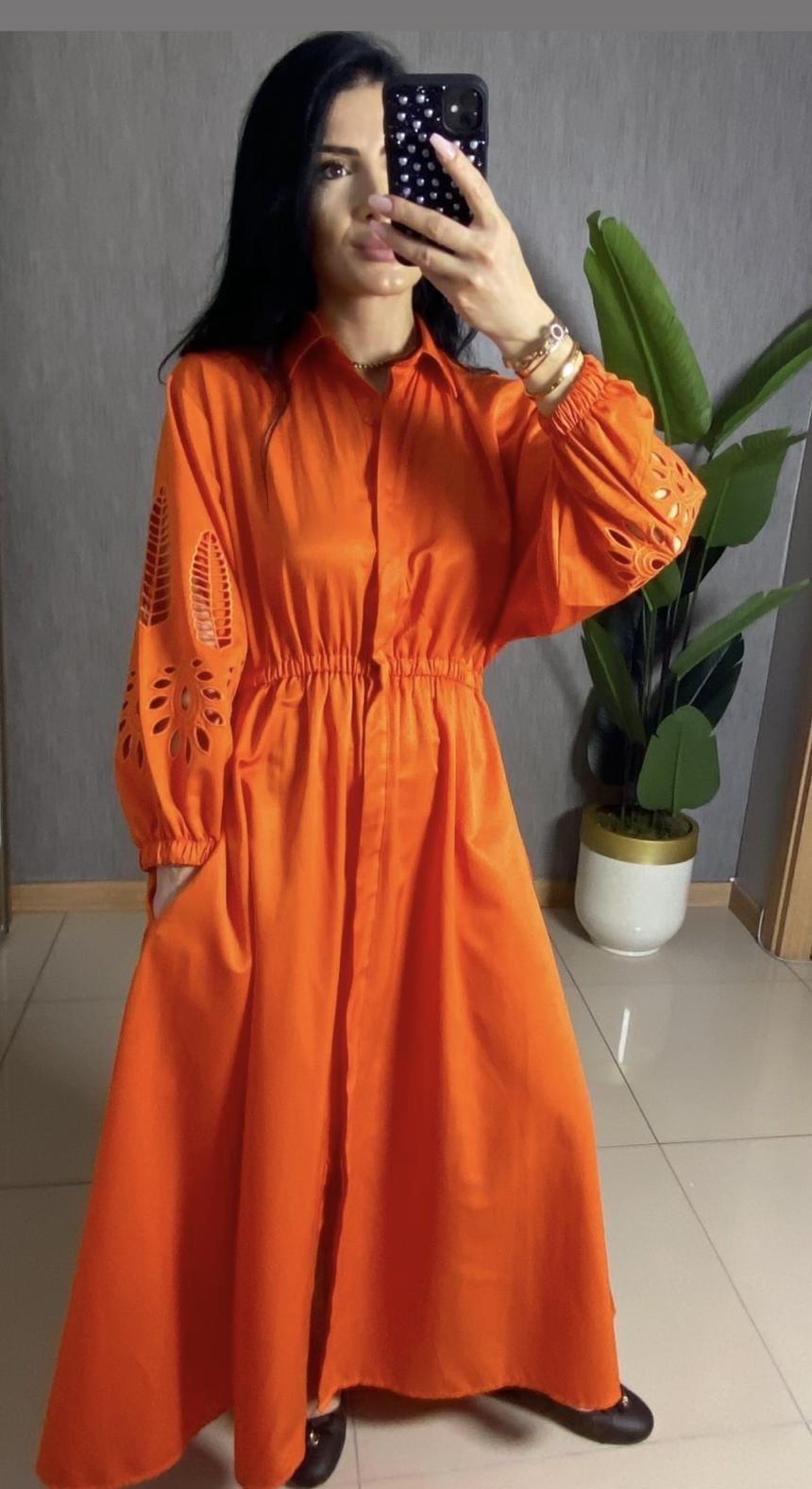 BEYMEN MARKA UZUN KOL NAKIŞLI ELBİSE ORANJ