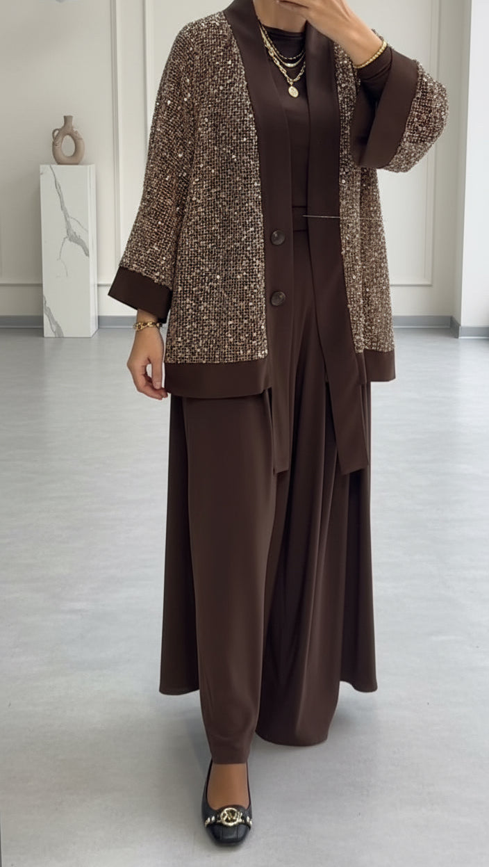 PUL PAYET İŞLEMELİ ÜÇLÜ ÇEKET TAKIM KAHVE