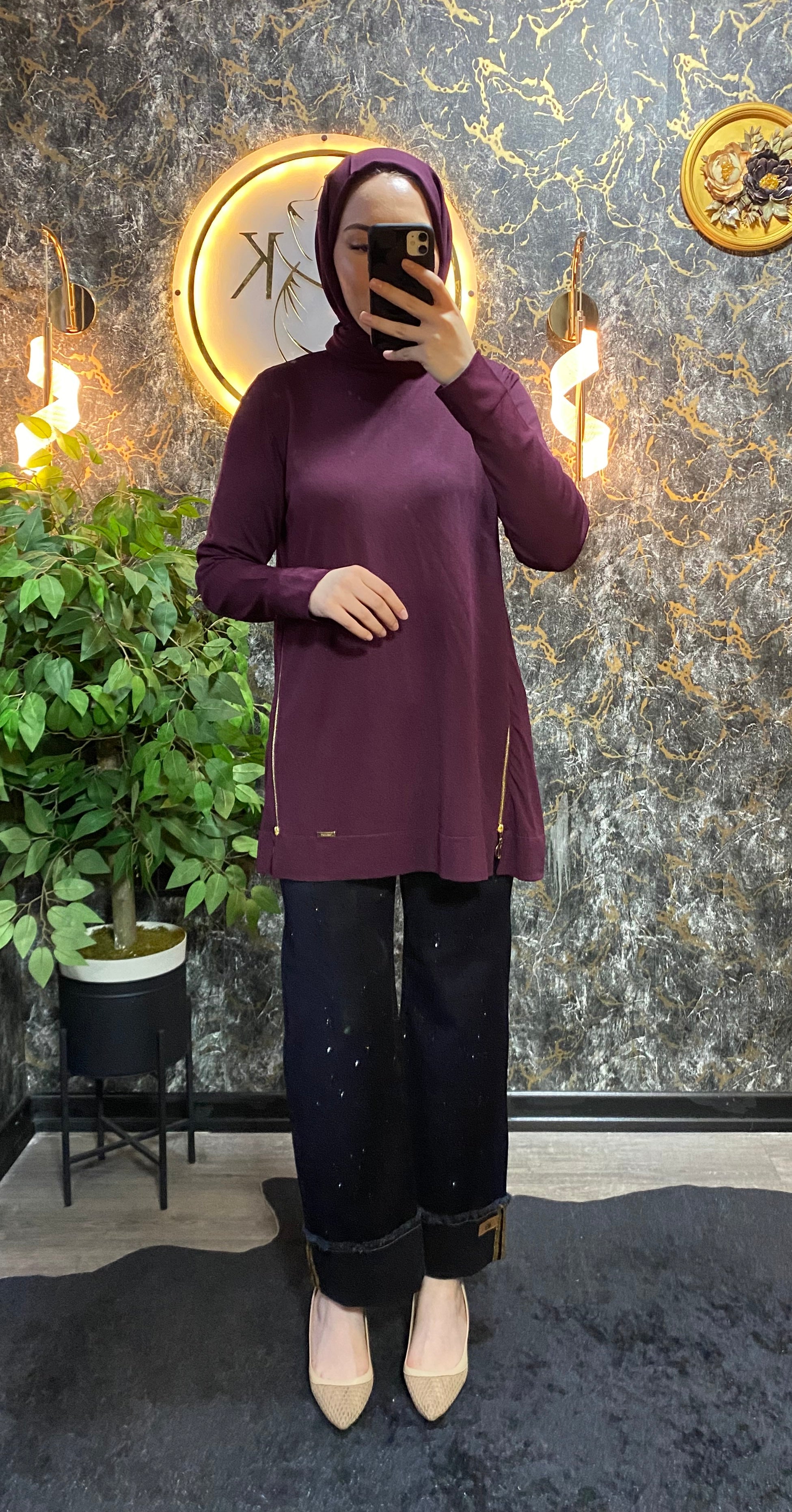 FERMUAR DETAYLI MERSERİZE BLUZ MÜRDÜM