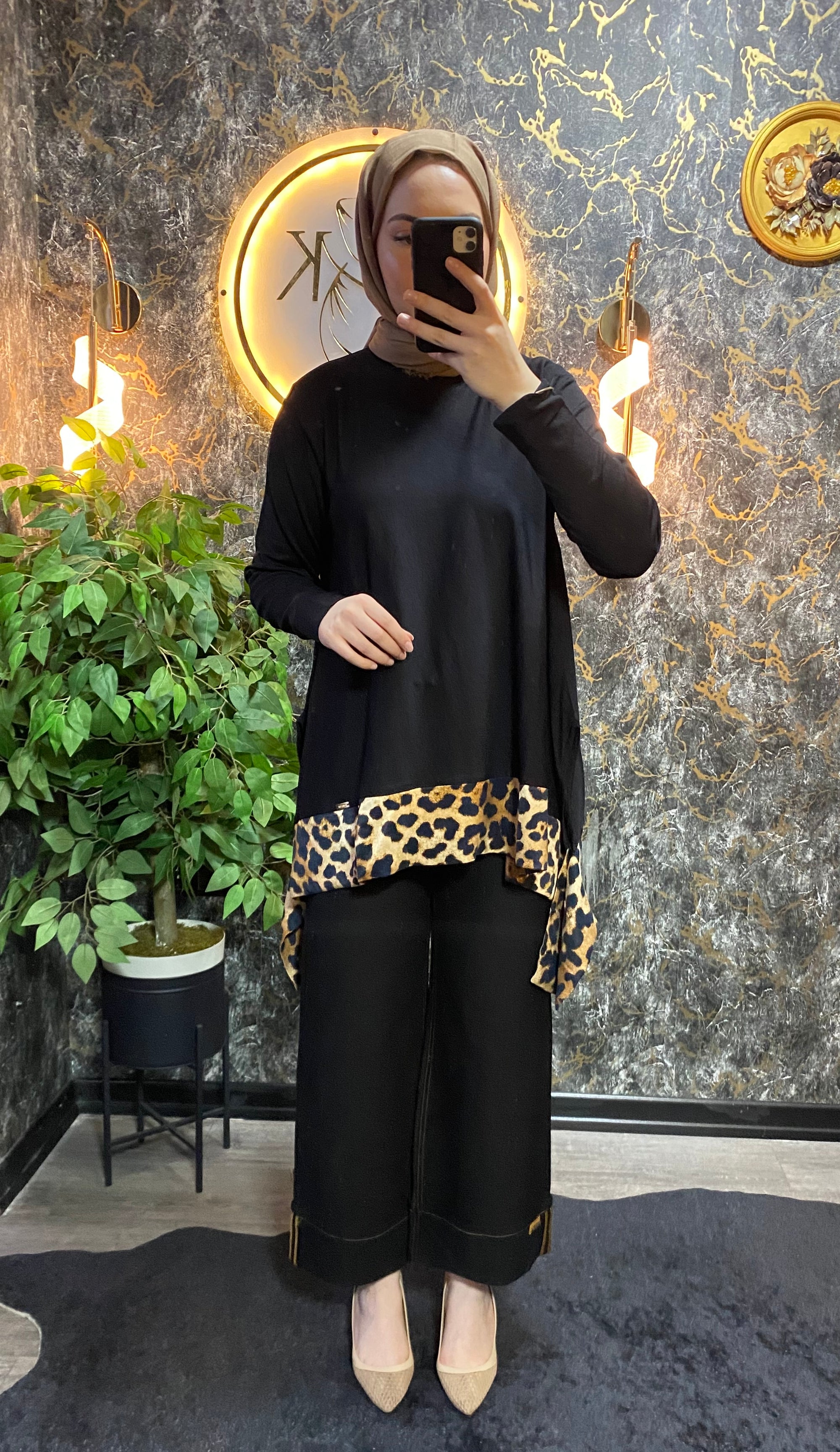 LEOPAR DETAYLI MERSERİZE TUNİK SİYAH