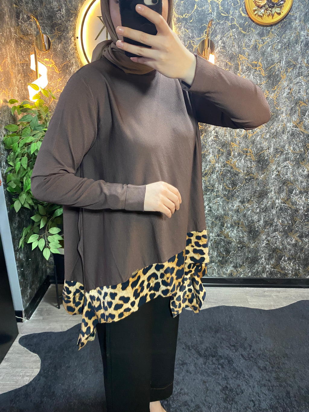 LEOPAR DETAYLI MERSERİZE TUNİK KAHVE