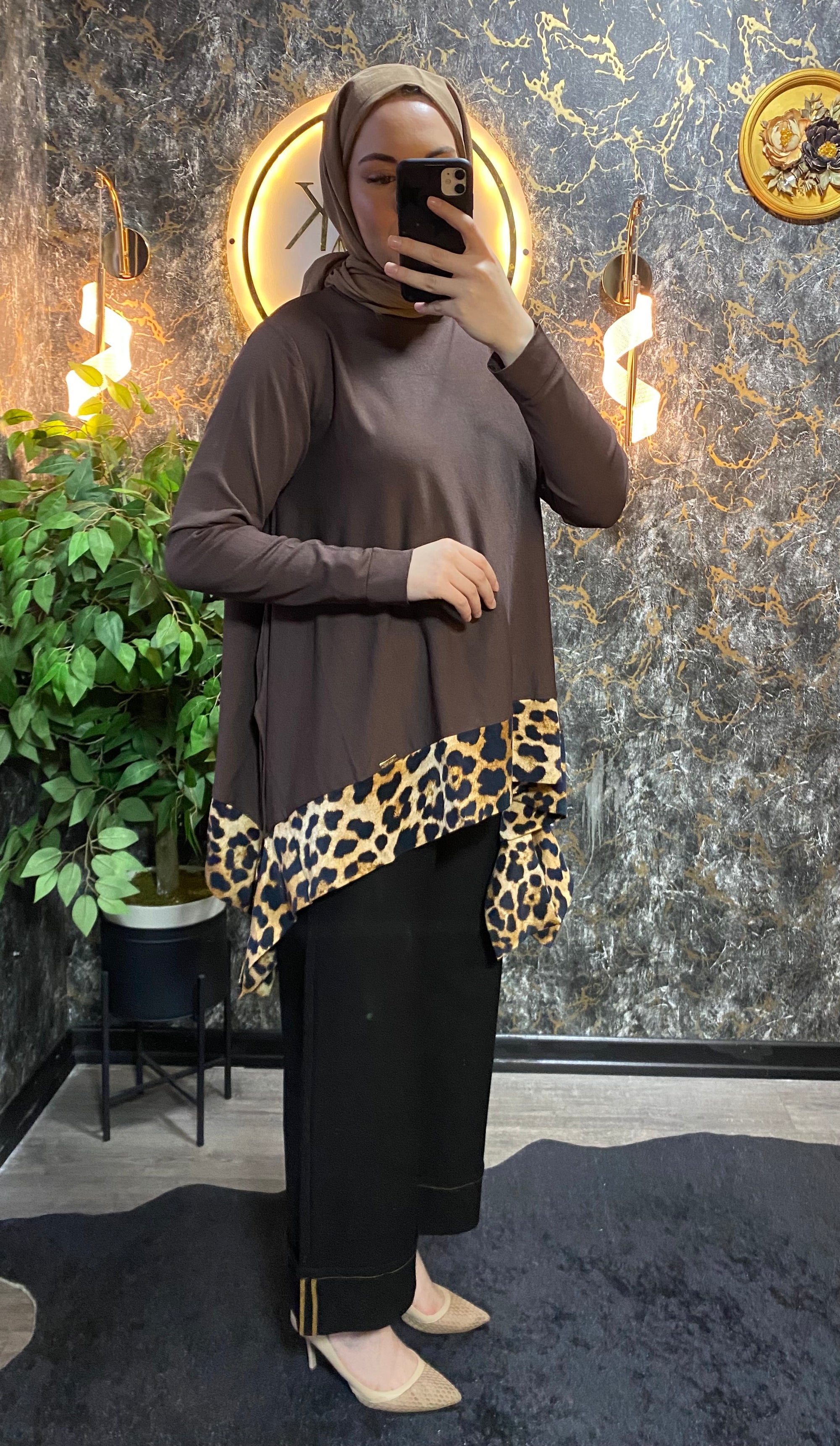 LEOPAR DETAYLI MERSERİZE TUNİK KAHVE