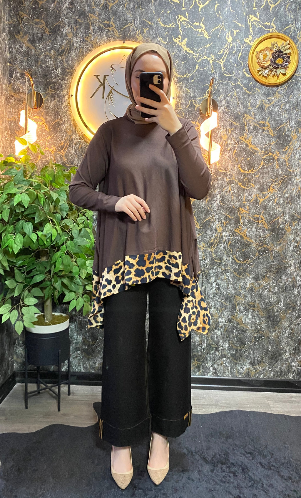 LEOPAR DETAYLI MERSERİZE TUNİK KAHVE