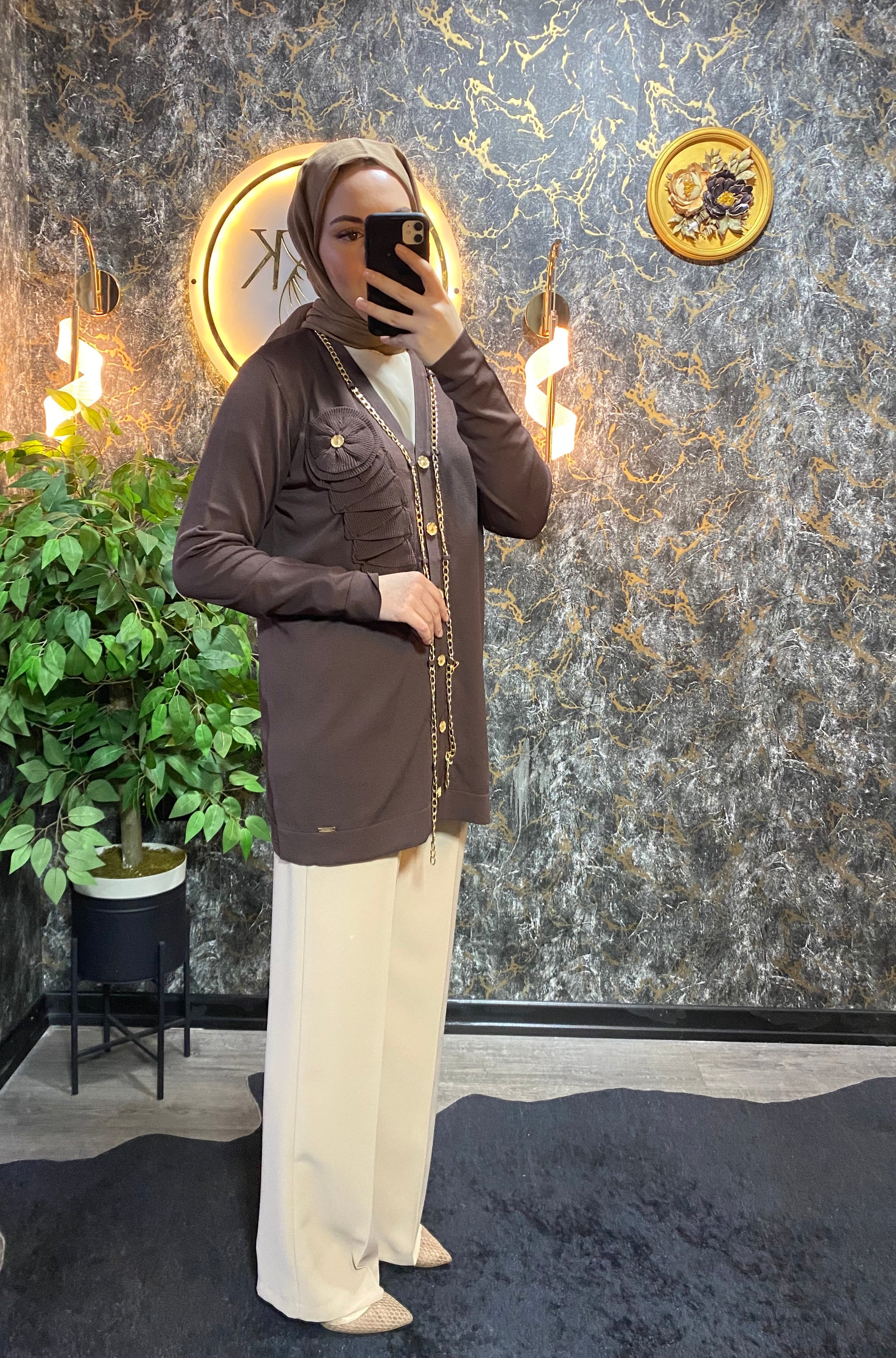 ZİNCİR DETAYLI MERSERİZE HIRKA KAHVE