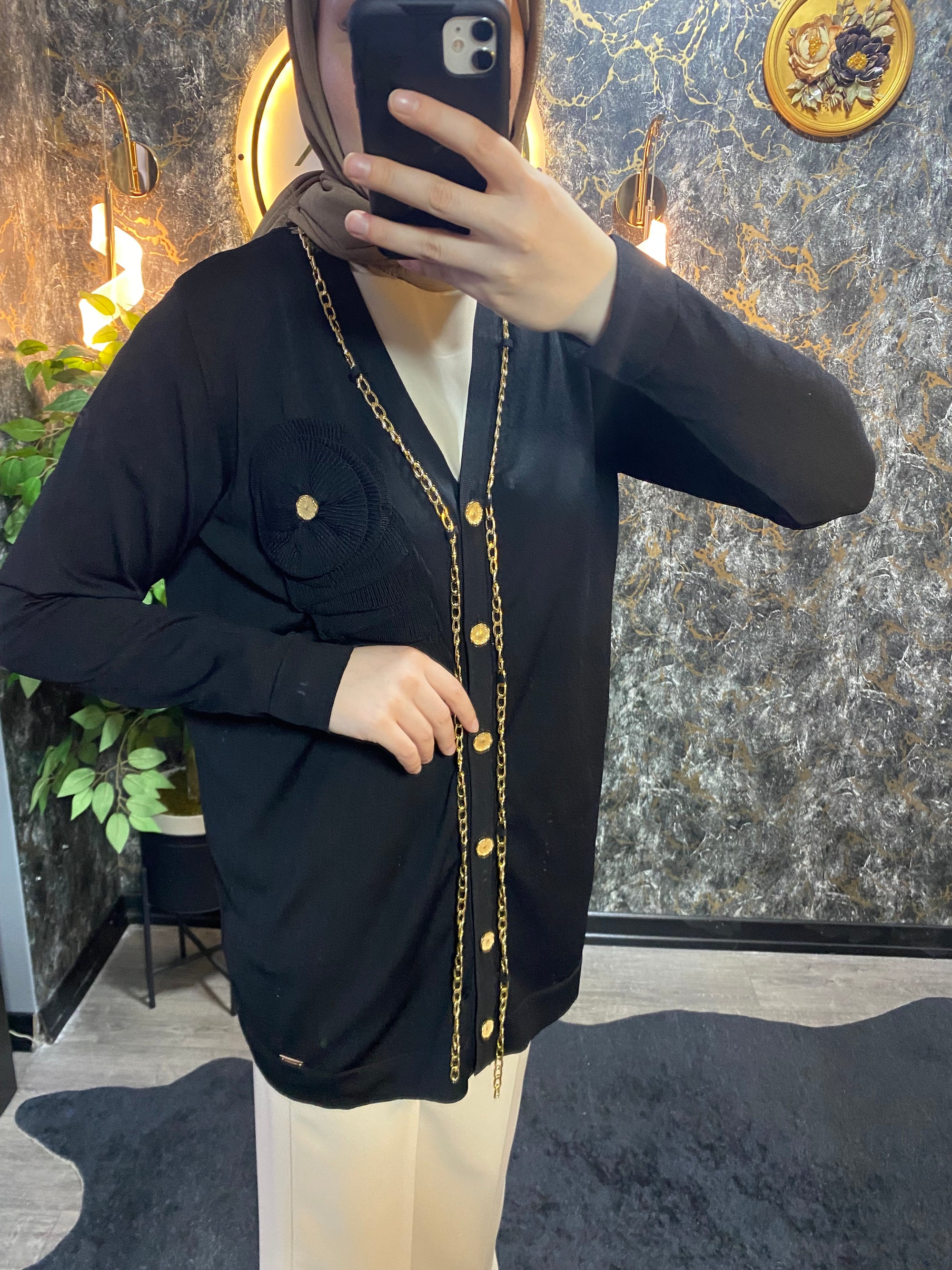 ZİNCİR DETAYLI MERSERİZE HIRKA SİYAH