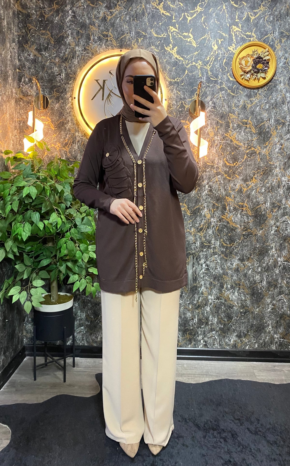 ZİNCİR DETAYLI MERSERİZE HIRKA KAHVE