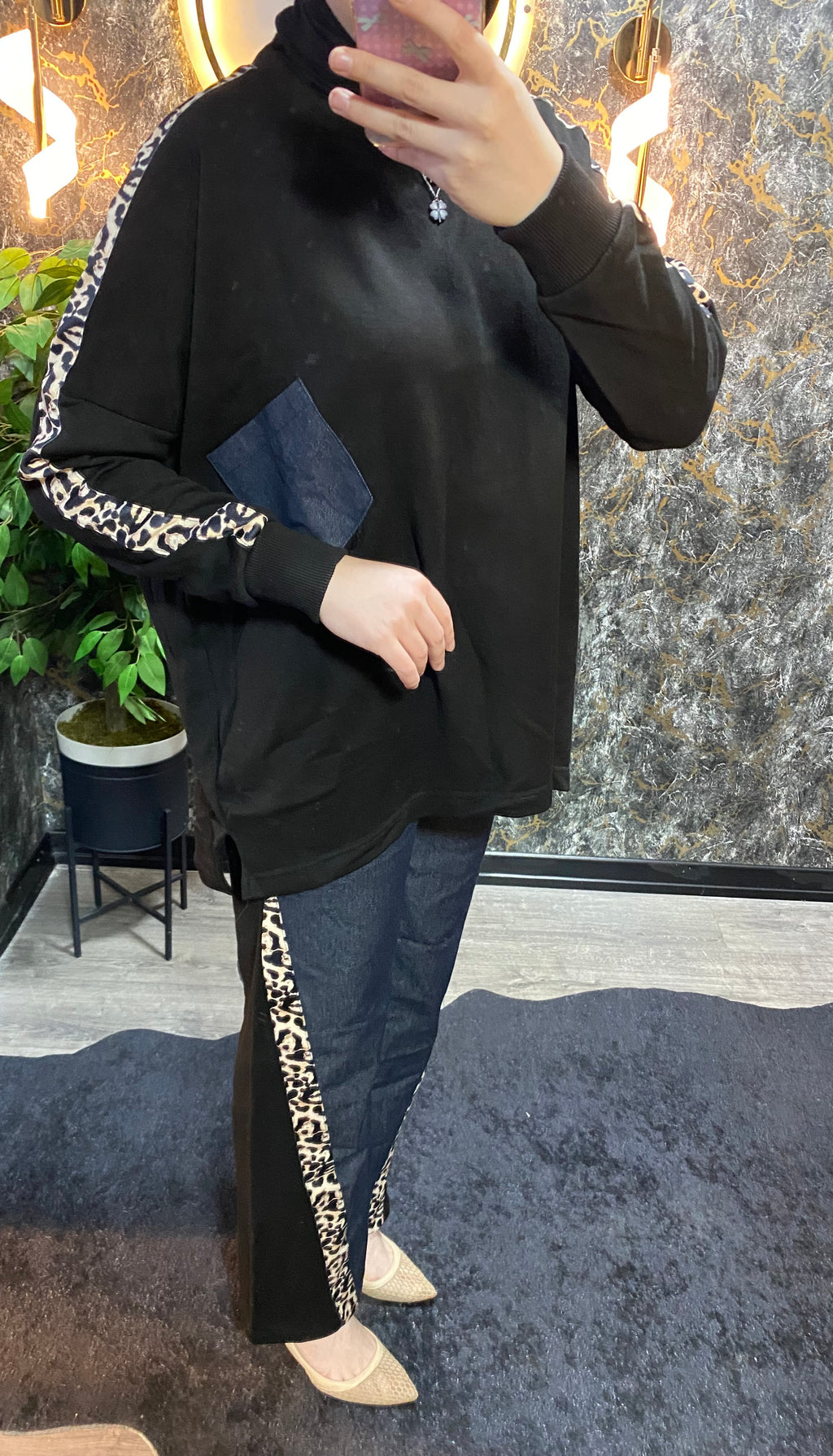 Leopar ve Jean Detaylı Takım Siyah