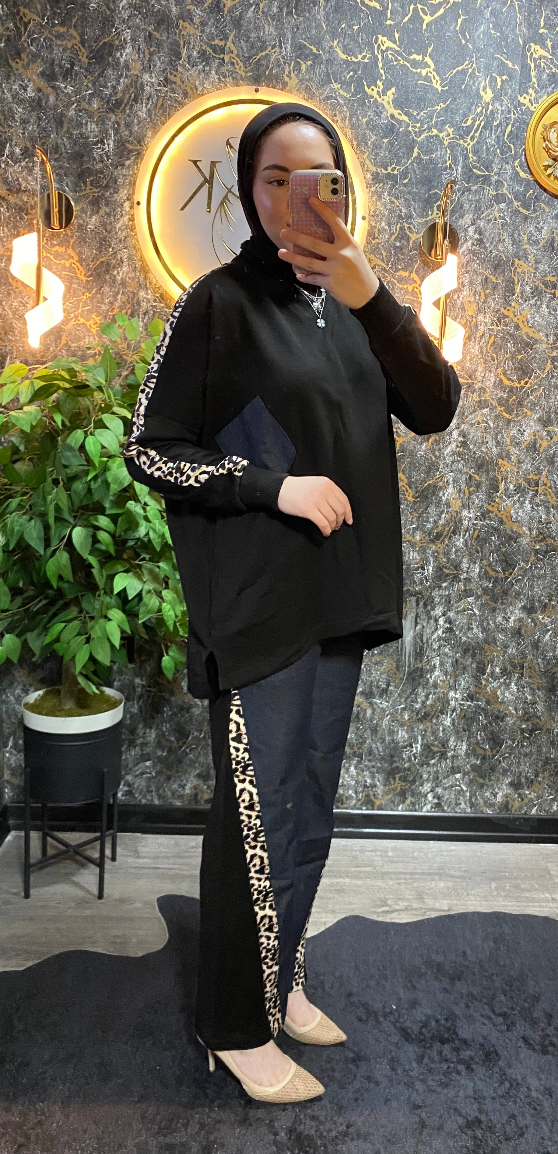 Leopar ve Jean Detaylı Takım Siyah