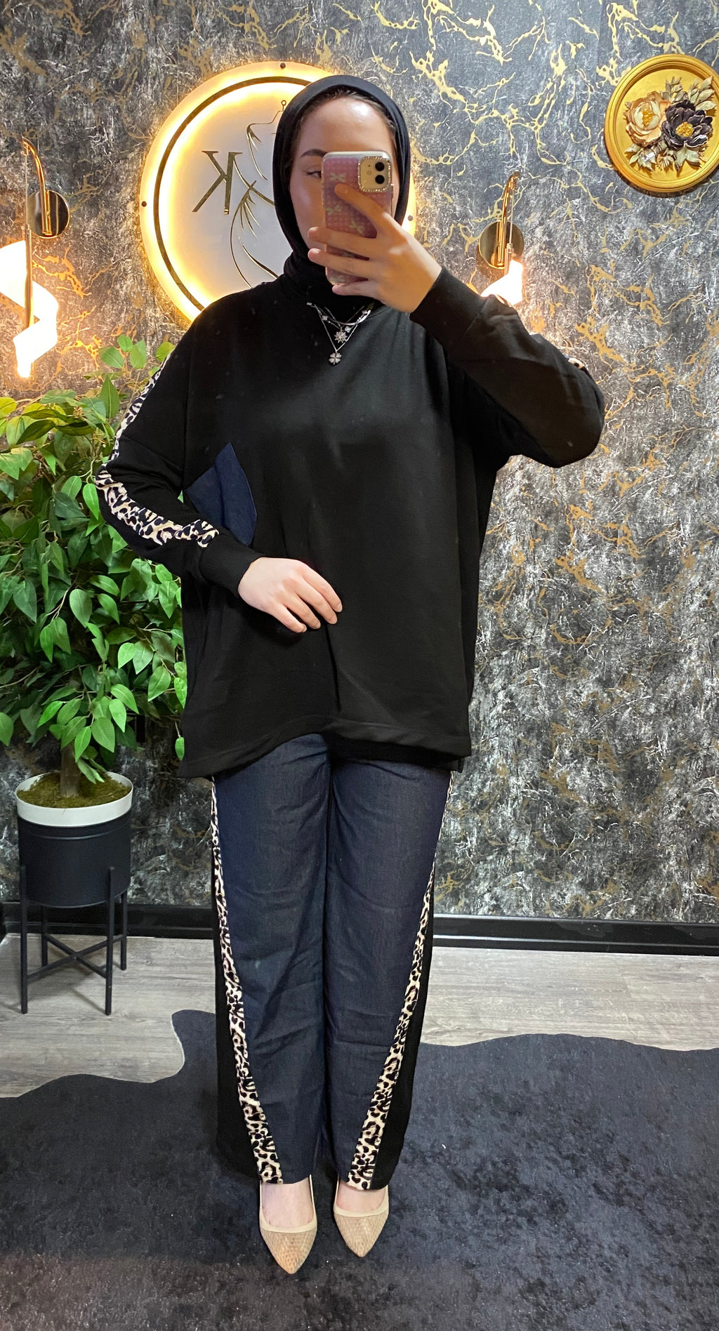 Leopar ve Jean Detaylı Takım Siyah