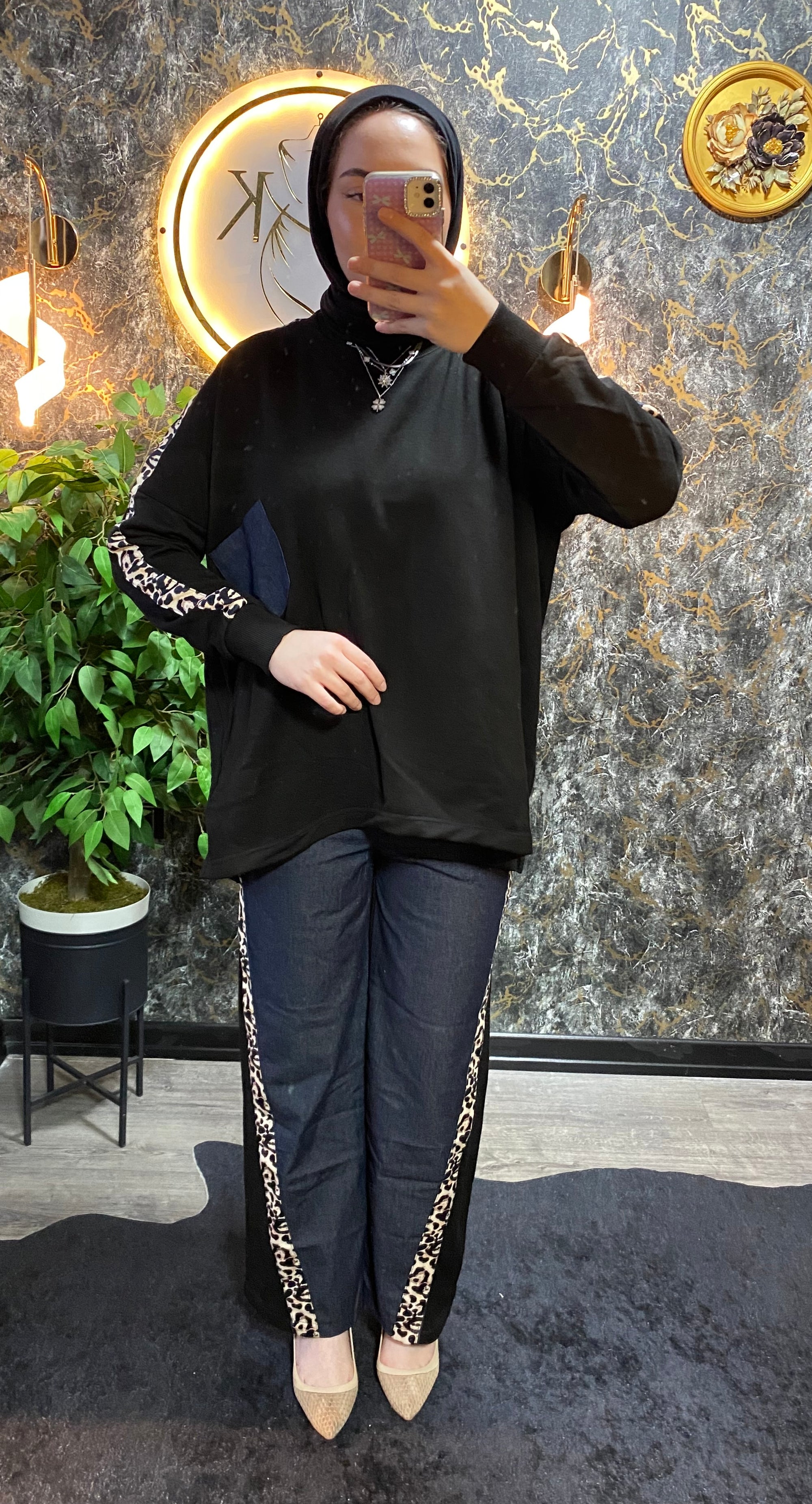 Leopar ve Jean Detaylı Takım Siyah