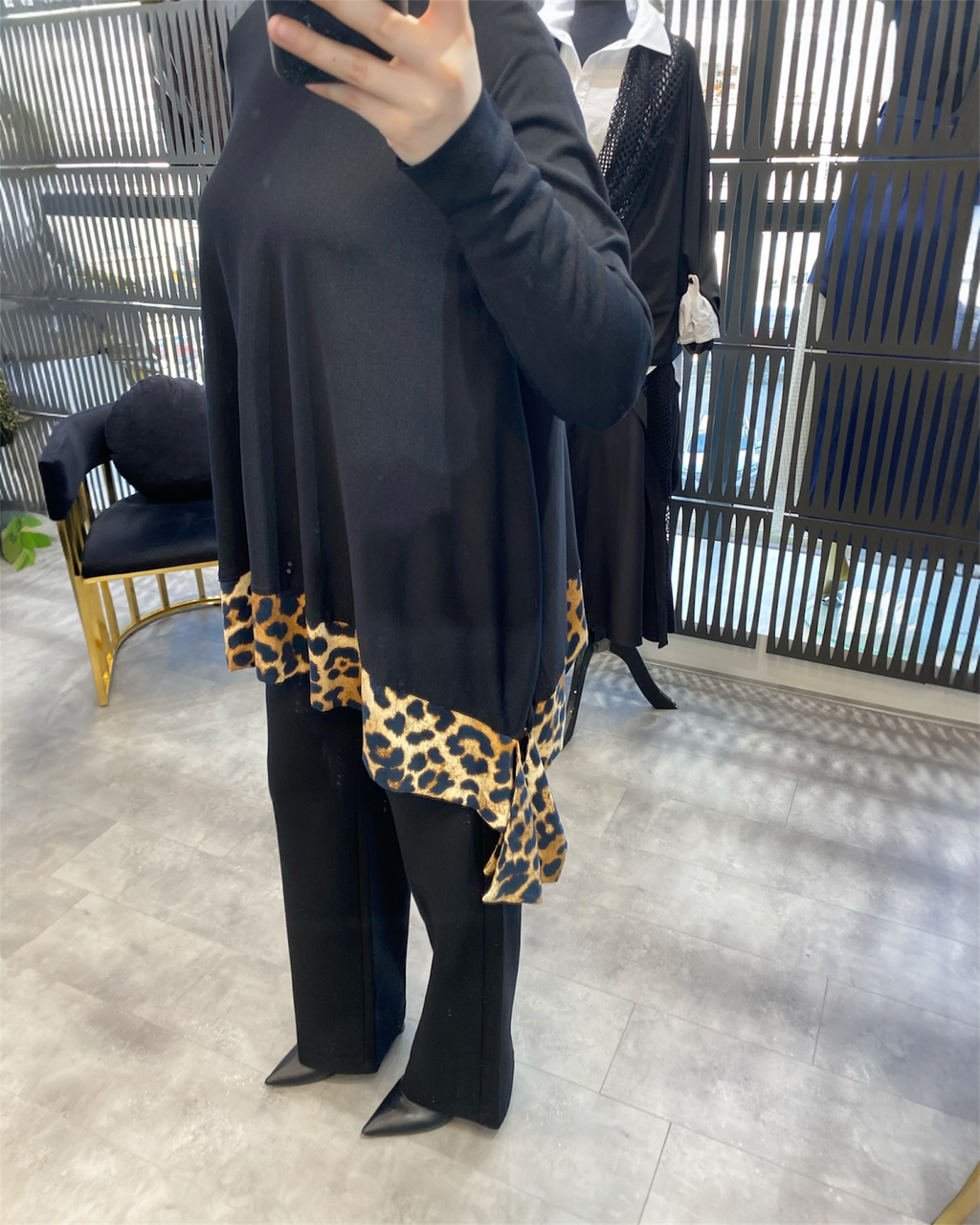 LEOPAR DETAYLI MERSERİZE TUNİK SİYAH
