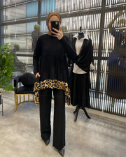 LEOPAR DETAYLI MERSERİZE TUNİK SİYAH