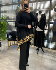LEOPAR DETAYLI MERSERİZE TUNİK SİYAH