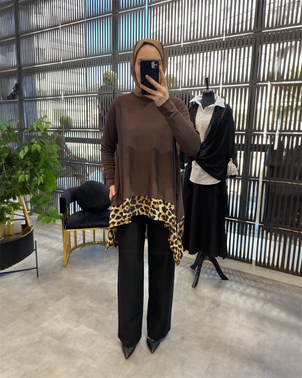 LEOPAR DETAYLI MERSERİZE TUNİK KAHVE