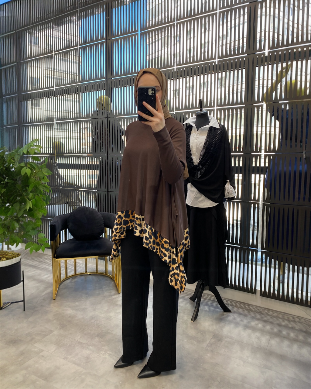 LEOPAR DETAYLI MERSERİZE TUNİK KAHVE