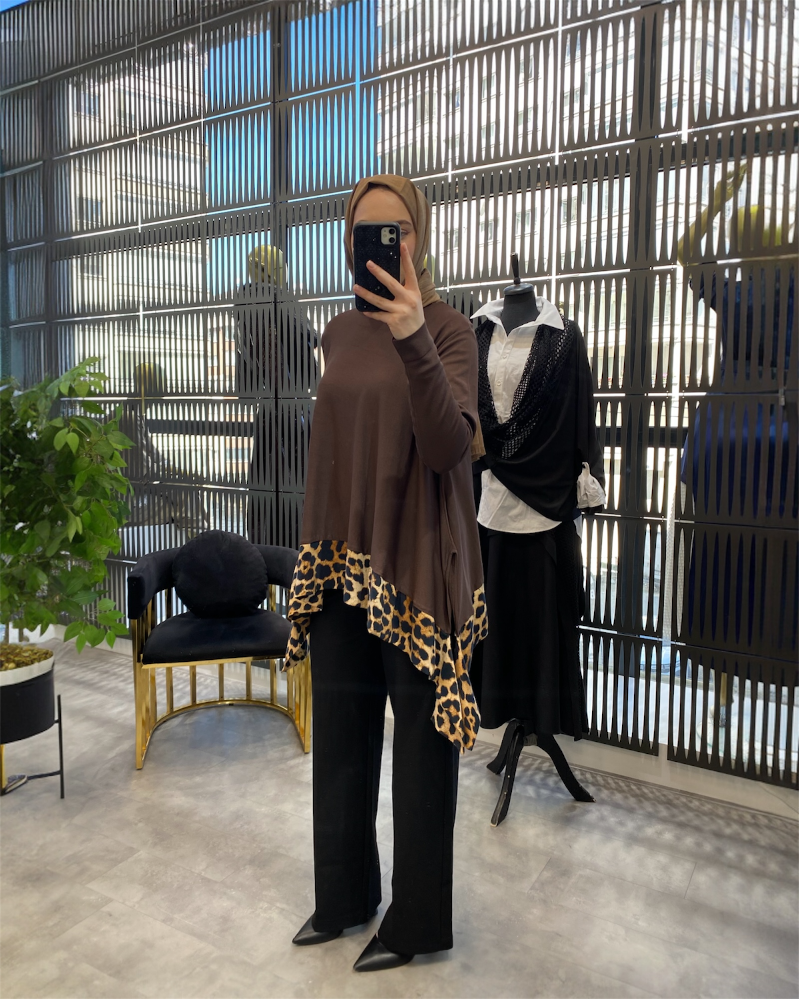 LEOPAR DETAYLI MERSERİZE TUNİK KAHVE