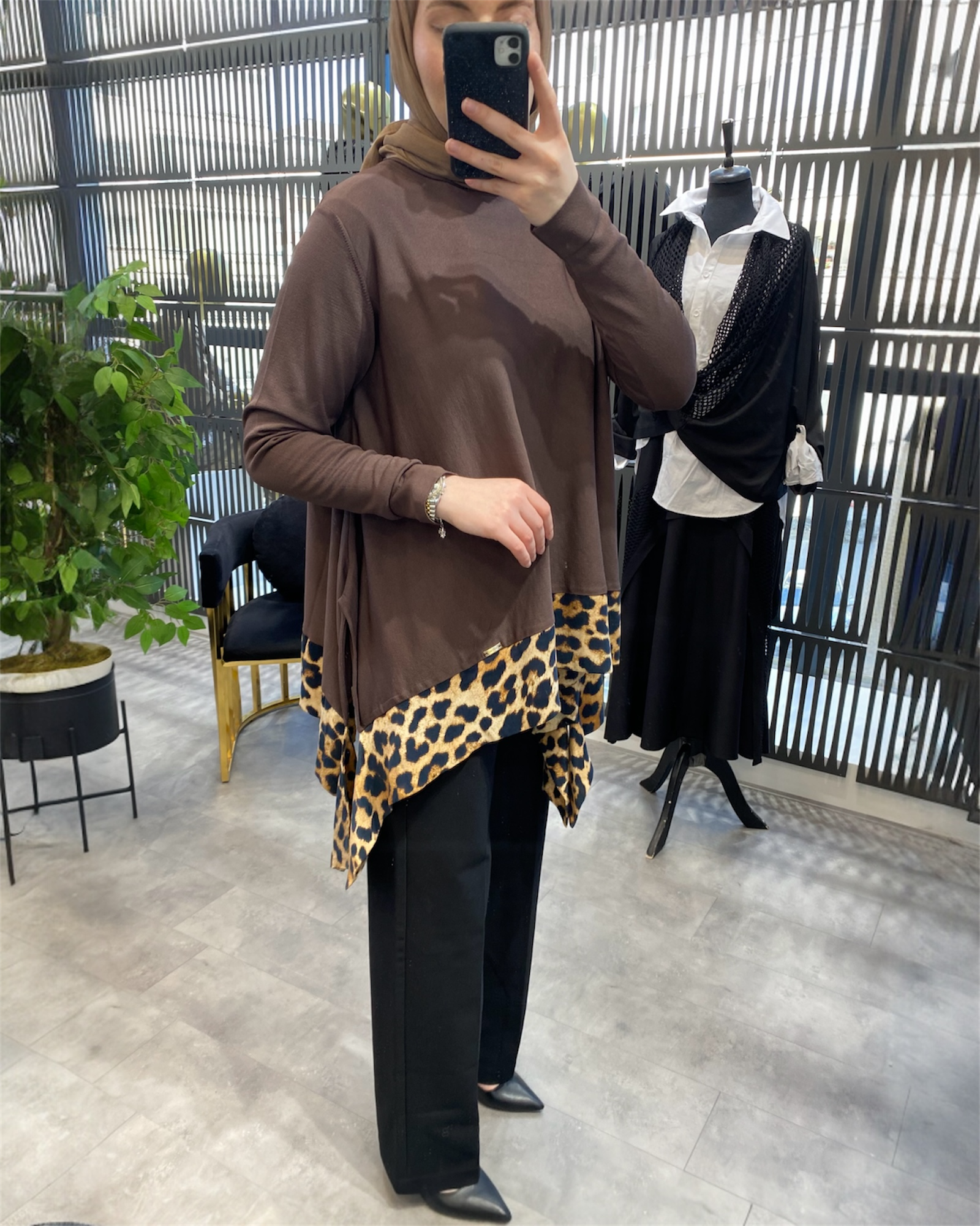 LEOPAR DETAYLI MERSERİZE TUNİK KAHVE