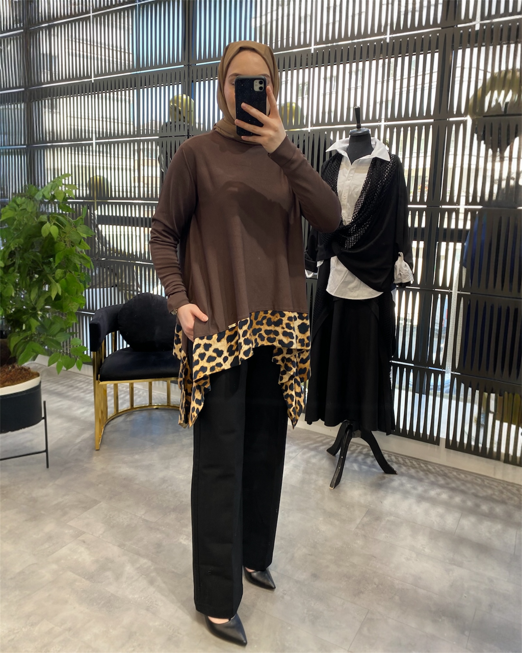 LEOPAR DETAYLI MERSERİZE TUNİK KAHVE