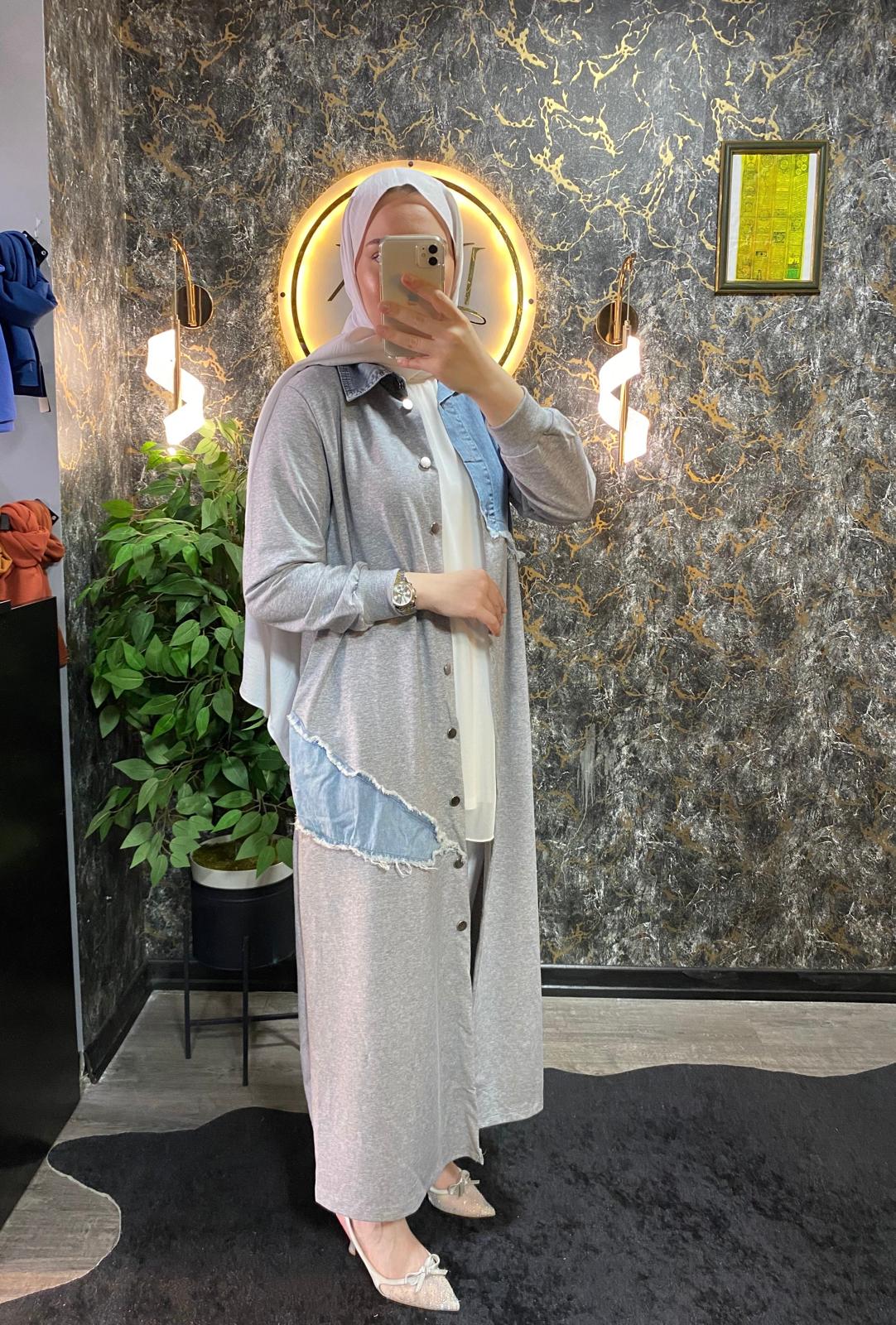 JEAN GARNELİ ELBİSE KAP GRİ